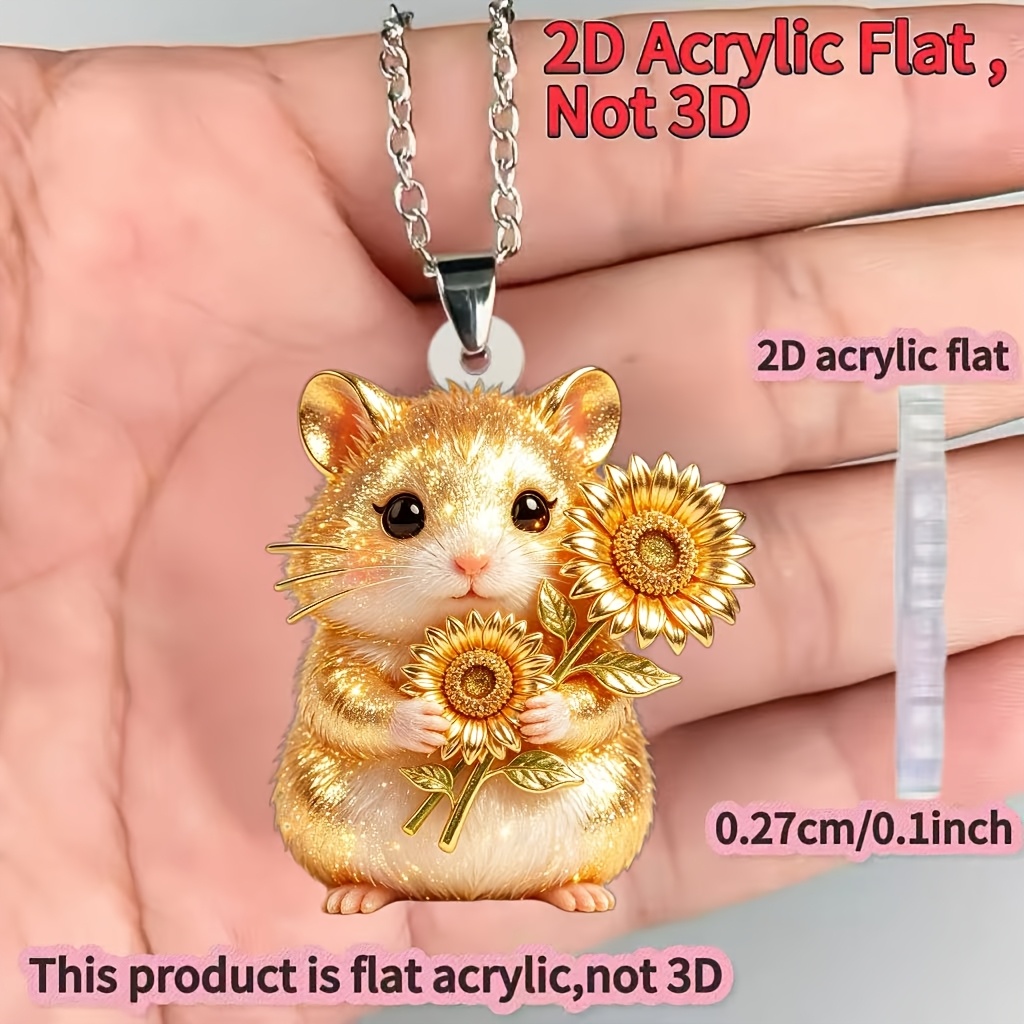 Women's Novelty Hamster Holding Sunflower Acrylic Necklace
